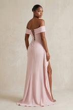 Robe longue rose à épaules dénudées avec fente effet drapé - Harana