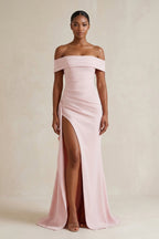 Robe longue rose à épaules dénudées avec fente effet drapé - Harana