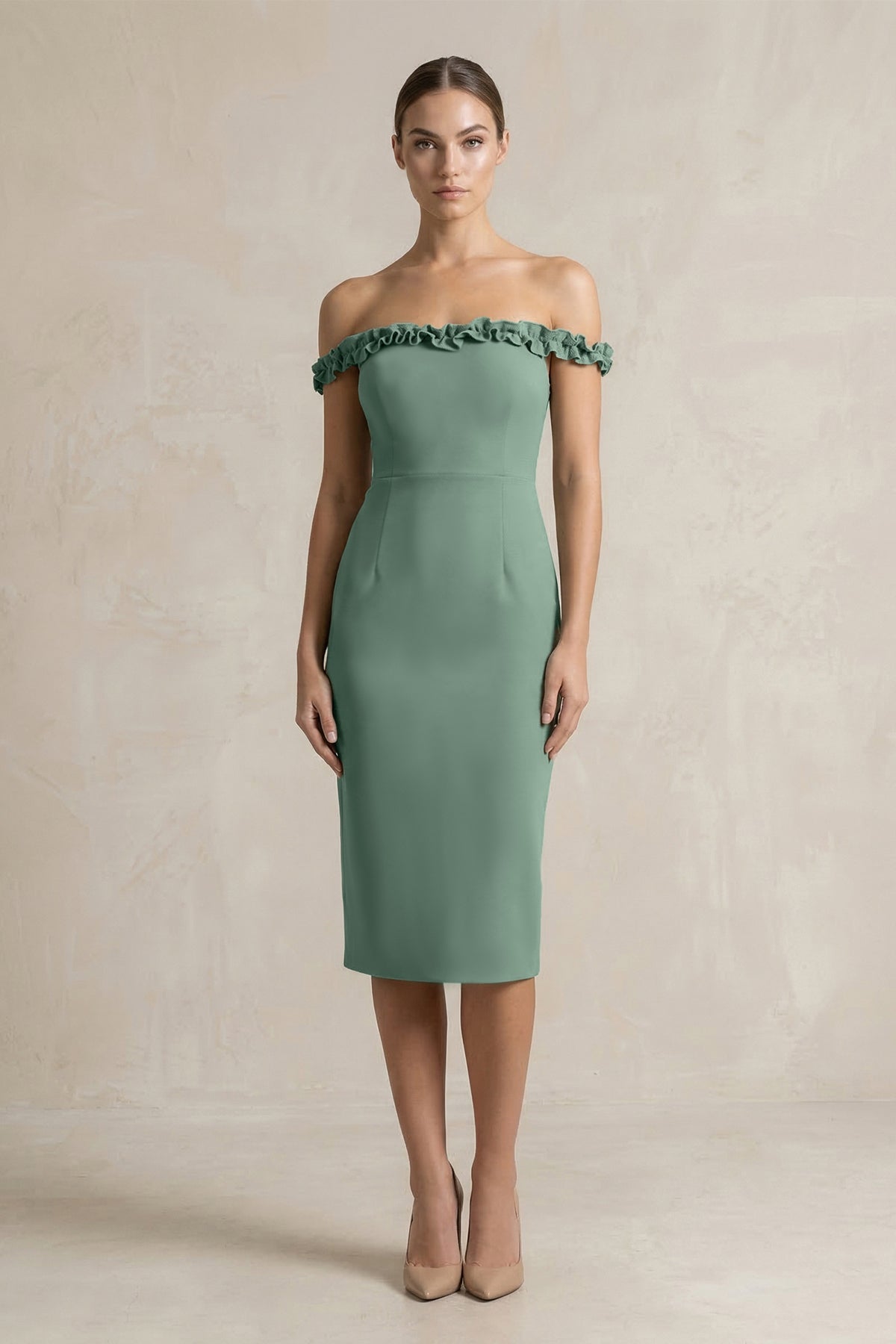 Robe demoiselle d’honneur vert d’eau midi à épaules dénudées sans manches effet drapé - Harana