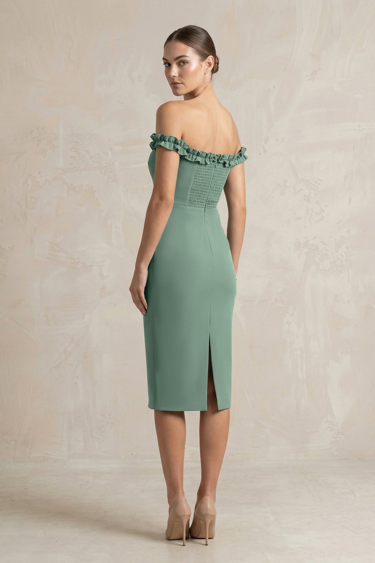 Robe demoiselle d’honneur vert d’eau midi à épaules dénudées sans manches effet drapé - Harana