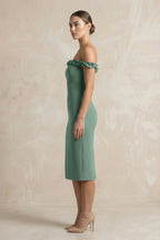 Robe demoiselle d’honneur vert d’eau midi à épaules dénudées sans manches effet drapé - Harana
