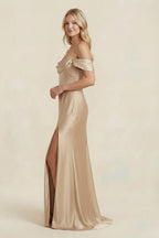 Robe demoiselle d’honneur golden champagne longue à épaules dénudées avec fente satinée - Harana