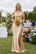 Robe demoiselle d’honneur golden champagne longue à épaules dénudées avec fente satinée - Harana