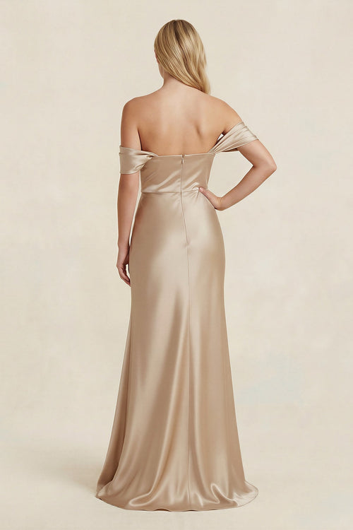 Robe de demoiselle d’honneur champagne doré longue satinée coupe fourreau à épaules dénudées avec fente - Harana