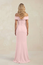 Robe demoiselle d’honneur rose petal longue à épaules dénudées manches courtes avec fente - Harana