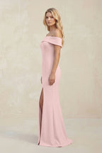 Robe demoiselle d’honneur rose petal longue à épaules dénudées manches courtes avec fente - Harana