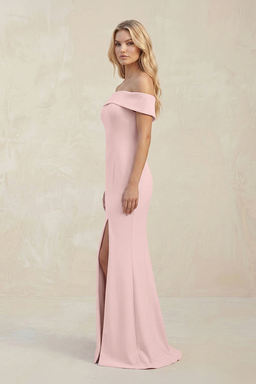 Robe de demoiselle d’honneur rose pétale longue satinée coupe fourreau à épaules dénudées avec fente - Harana
