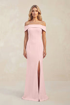 Robe demoiselle d’honneur rose petal longue à épaules dénudées manches courtes avec fente - Harana