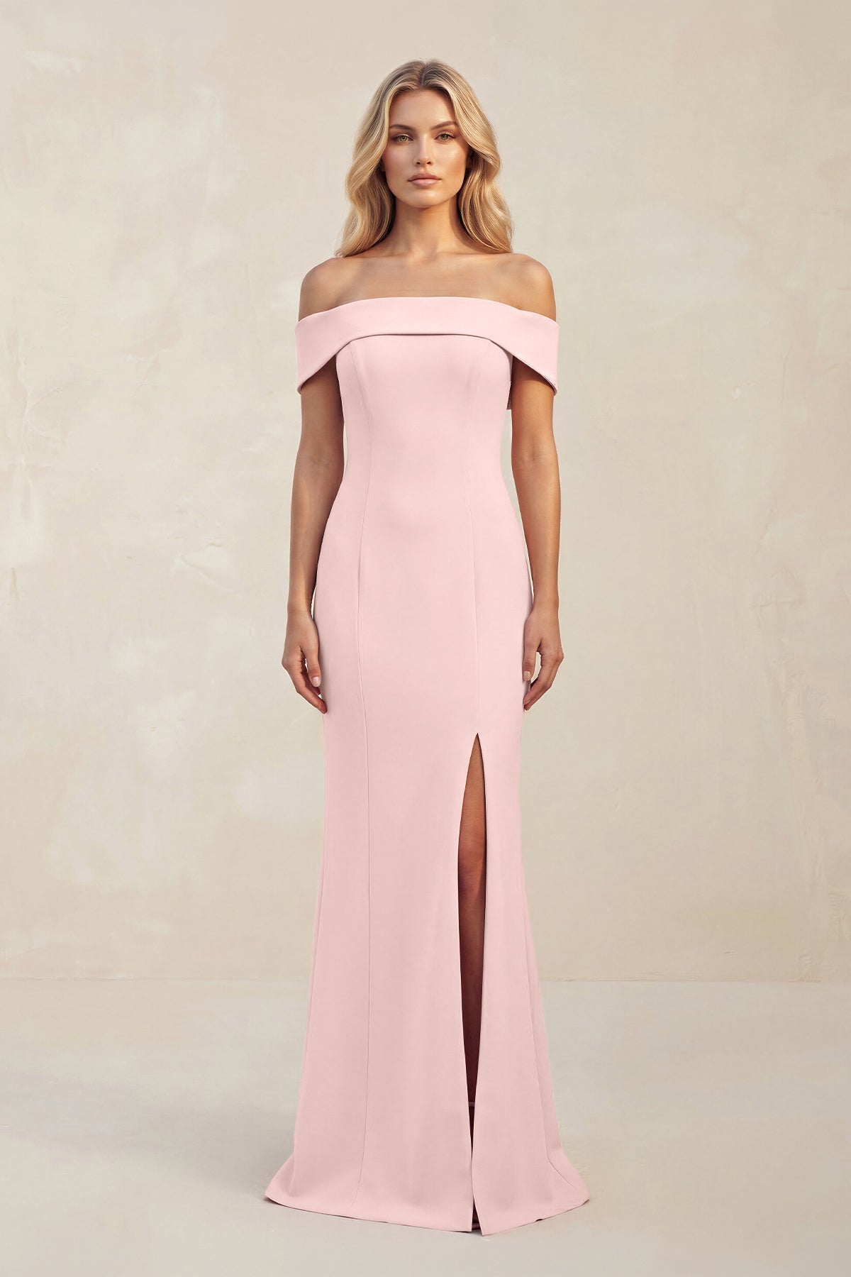 Robe demoiselle d’honneur rose petal longue à épaules dénudées manches courtes avec fente - Harana