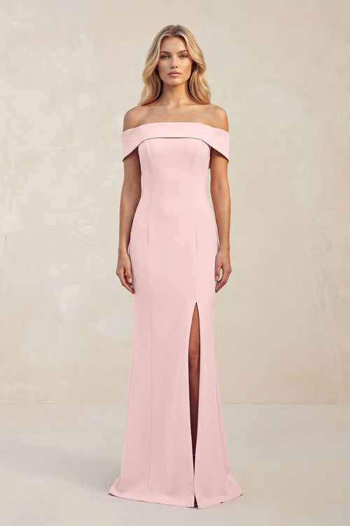 Robe de demoiselle d’honneur rose pétale longue satinée coupe fourreau à épaules dénudées avec fente - Harana