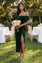 Robe demoiselle d’honneur vert foncé midi à épaules dénudées avec fente froncée - Harana