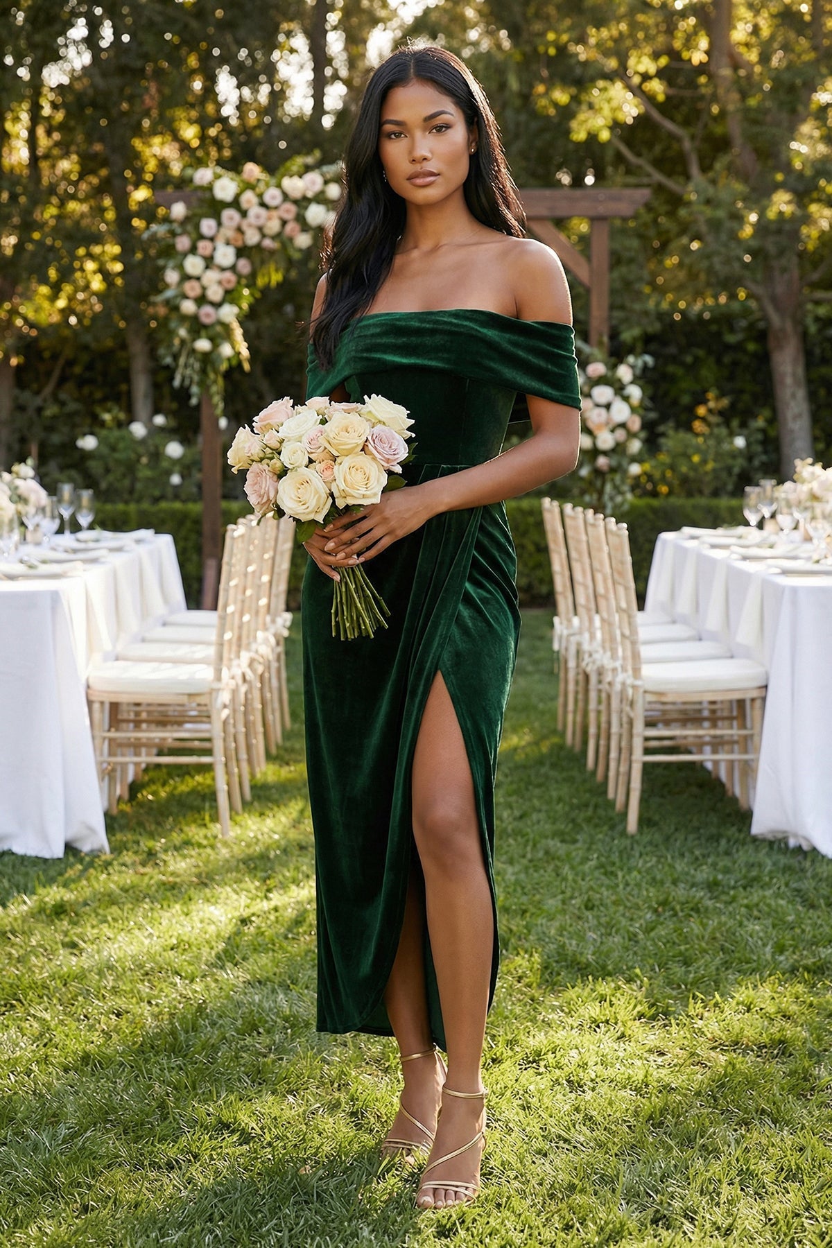 Robe demoiselle d’honneur vert foncé midi à épaules dénudées avec fente froncée - Harana