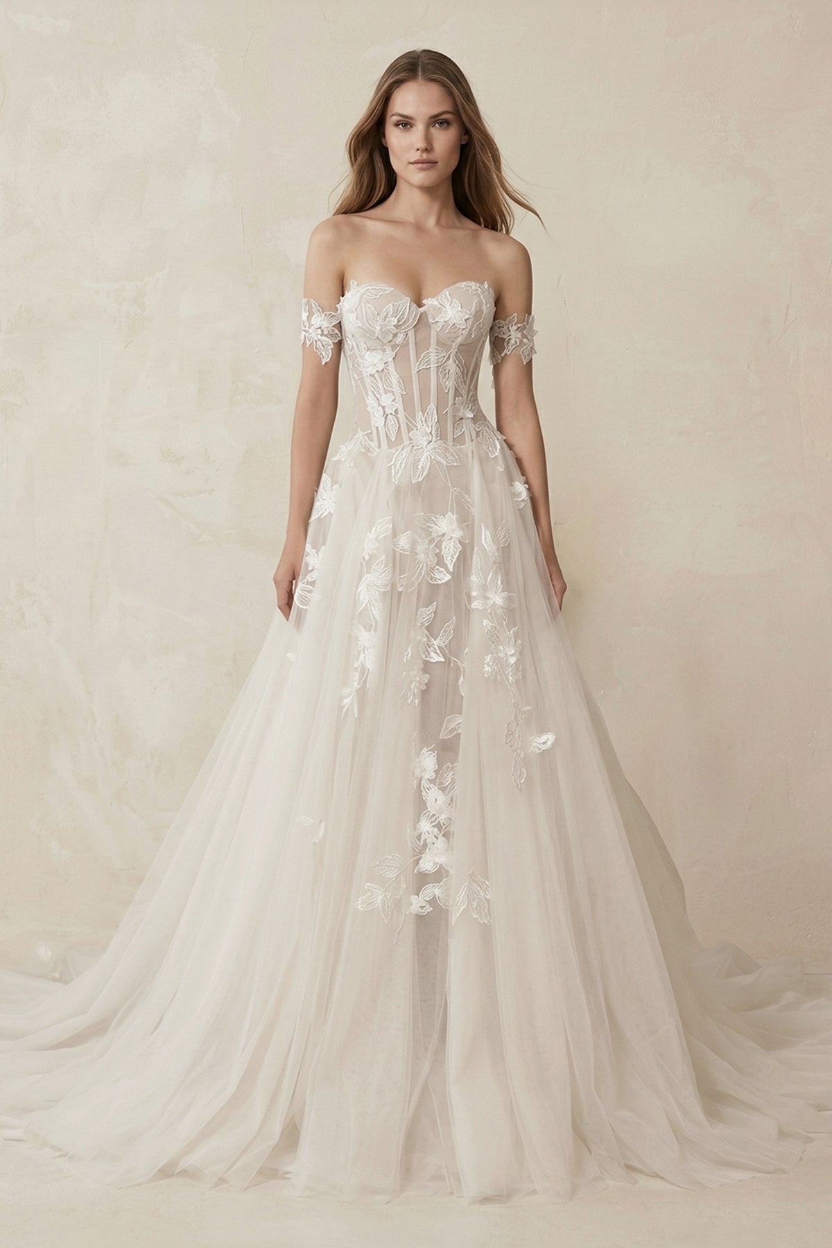 Robe de mariée ivoire trapèze en tulle à épaules dénudées à corset - Harana