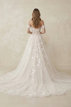Robe de mariée ivoire trapèze en tulle à épaules dénudées à corset - Harana