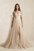 Robe de mariée champagne trapèze en tulle à épaules dénudées sans manches - Harana