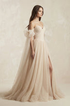 Robe de mariée champagne trapèze en tulle à épaules dénudées sans manches - Harana