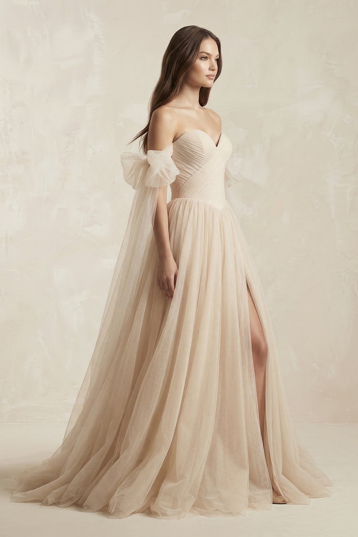 Robe de mariée champagne trapèze en tulle à épaules dénudées sans manches - Harana