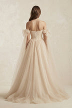 Robe de mariée champagne trapèze en tulle à épaules dénudées sans manches - Harana