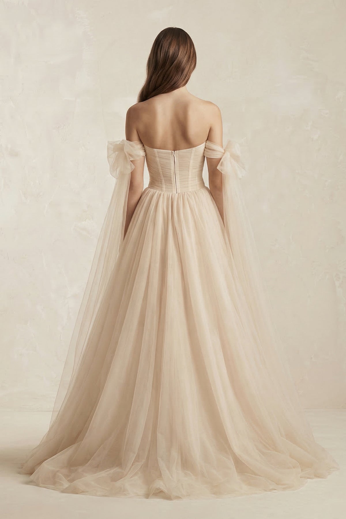 Robe de mariée champagne trapèze en tulle à épaules dénudées sans manches - Harana
