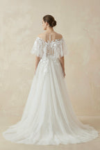 Robe de mariée blanche et nude trapèze en dentelle à épaules dénudées - Harana