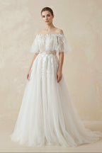 Robe de mariée blanche et nude trapèze en dentelle à épaules dénudées - Harana
