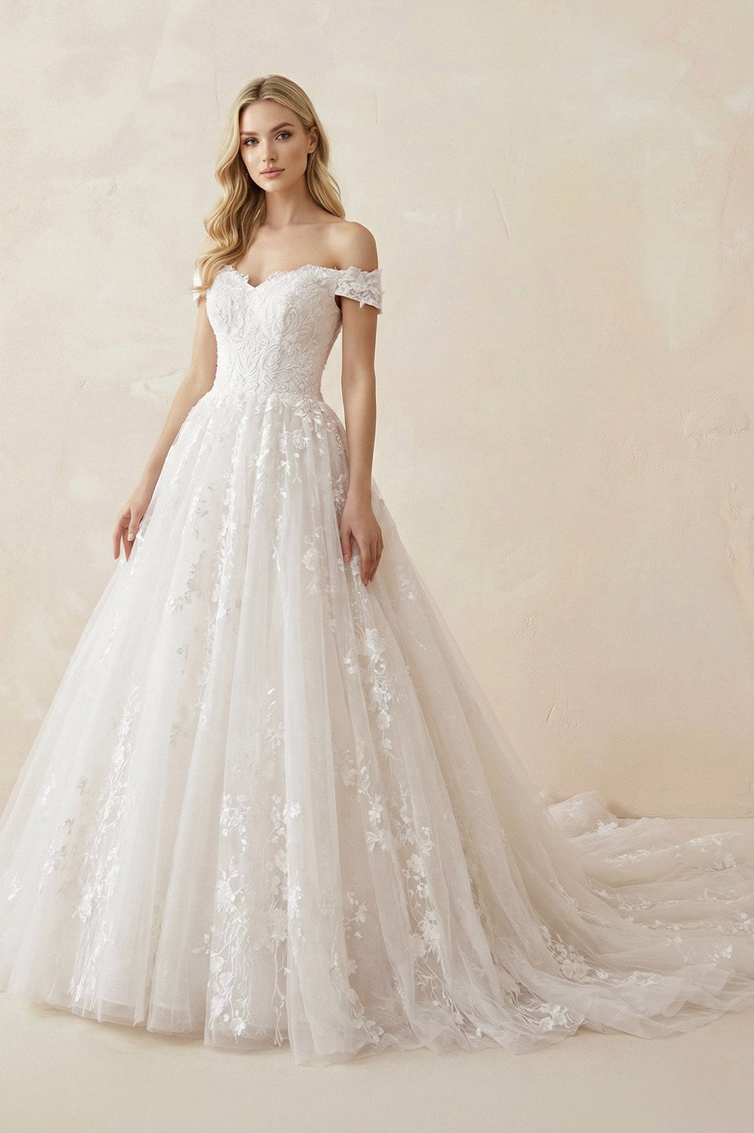 Robe de mariée blanche trapèze en tulle à épaules dénudées sans manches - Harana