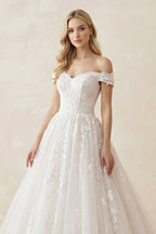 Robe de mariée blanche trapèze en tulle à épaules dénudées sans manches - Harana
