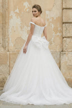 Robe de mariée blanc longue à épaules dénudées sans manches en tulle - Harana