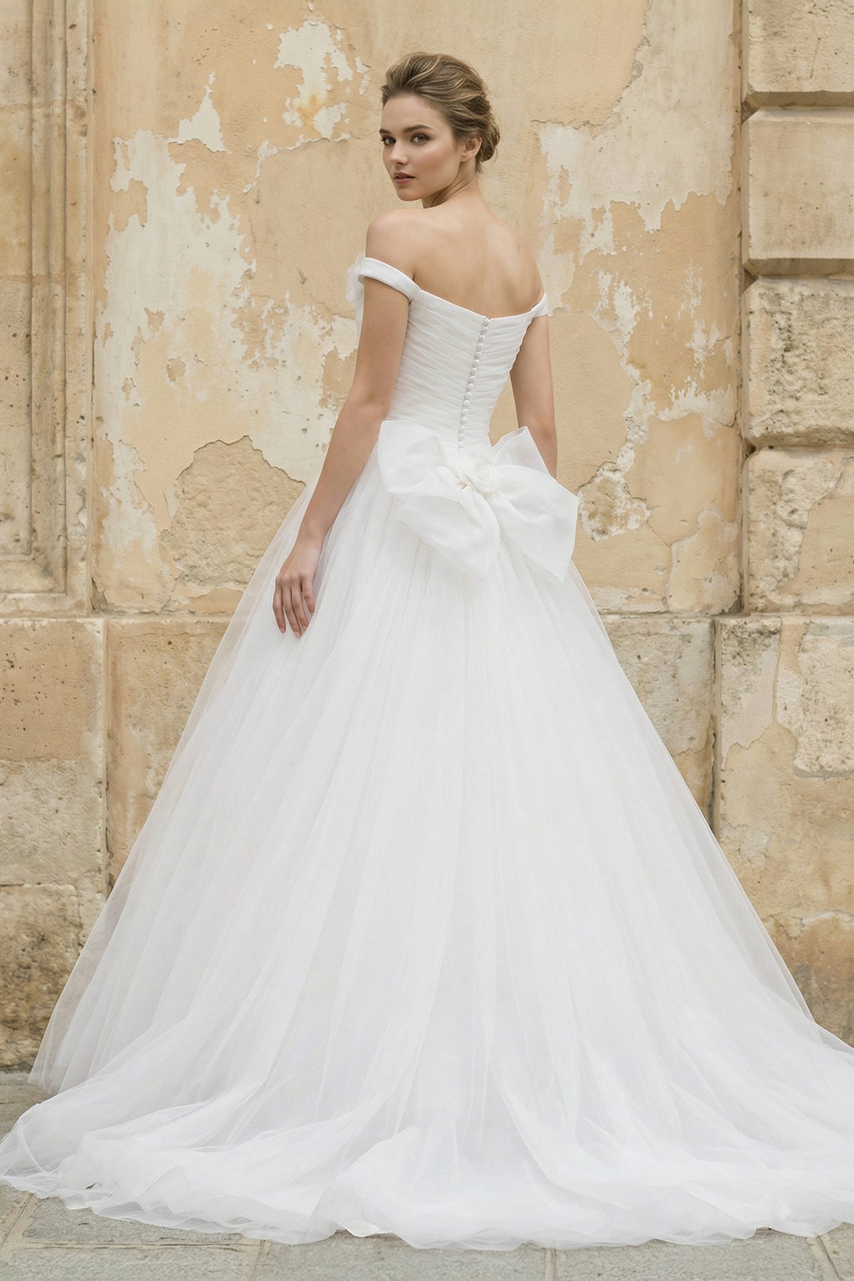 Robe de mariée blanc longue à épaules dénudées sans manches en tulle - Harana