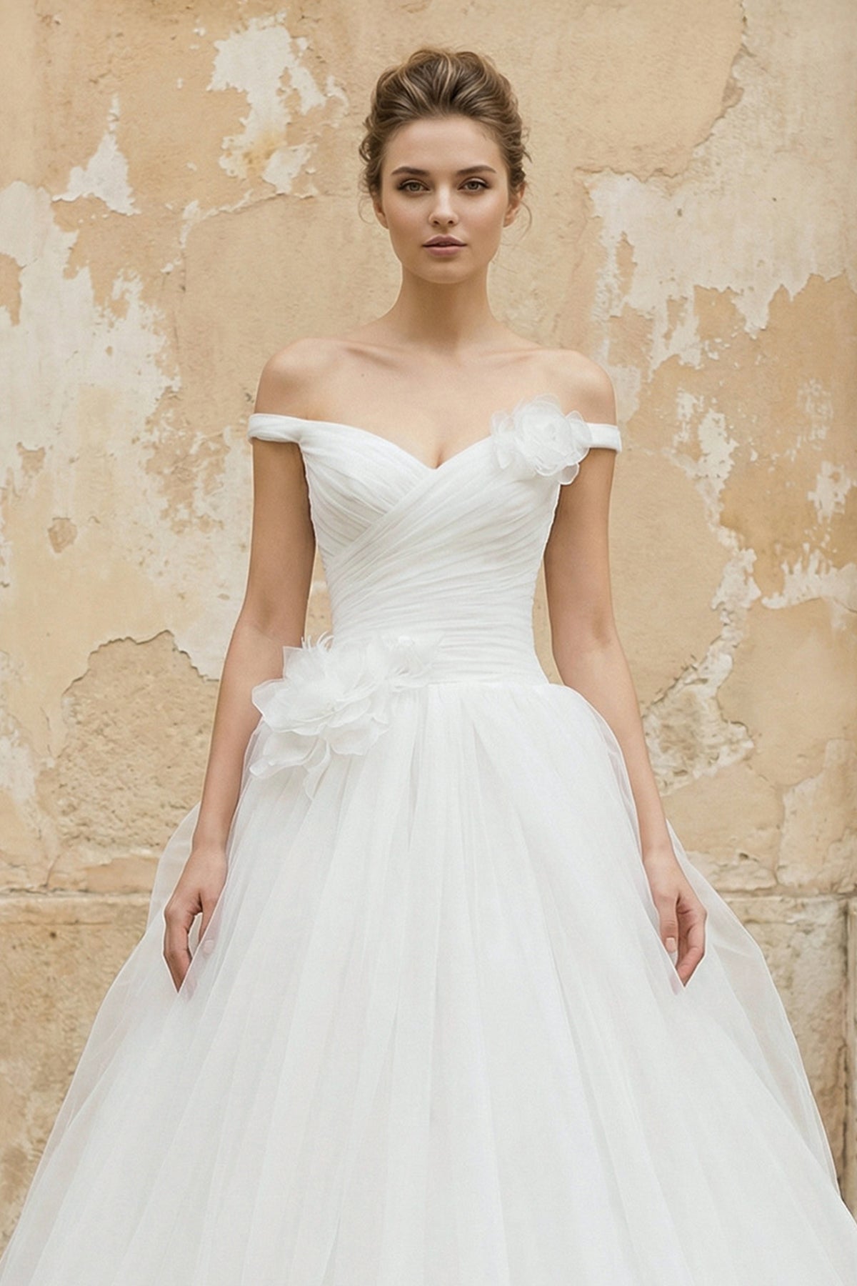 Robe de mariée blanc longue à épaules dénudées sans manches en tulle - Harana