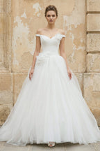 Robe de mariée blanc longue à épaules dénudées sans manches en tulle - Harana