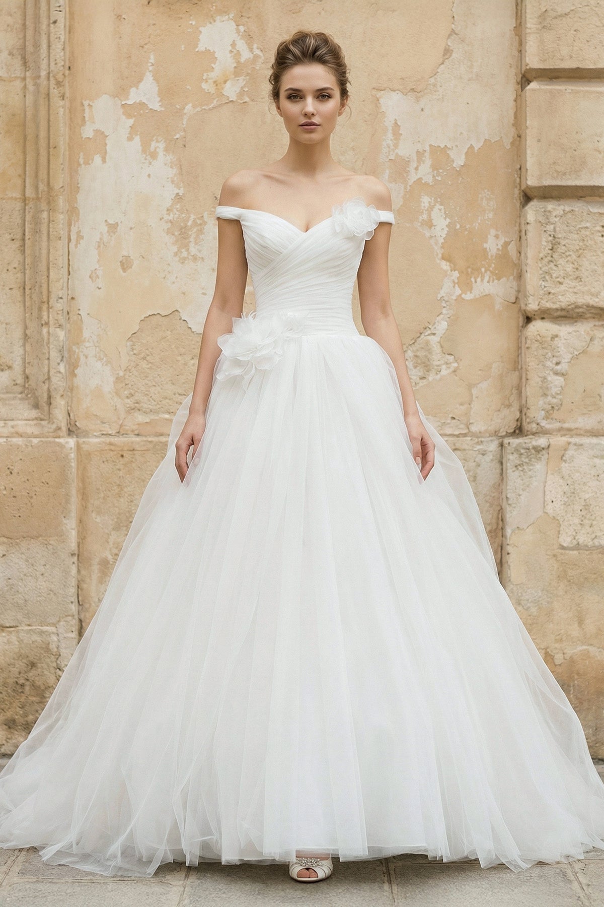 Robe de mariée blanc longue à épaules dénudées sans manches en tulle - Harana