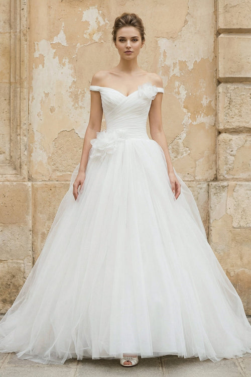 Robe de mariée blanc longue à épaules dénudées sans manches en tulle - Harana