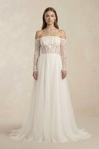 Robe de mariée blanche trapèze en tulle à épaules dénudées manches longues - Harana