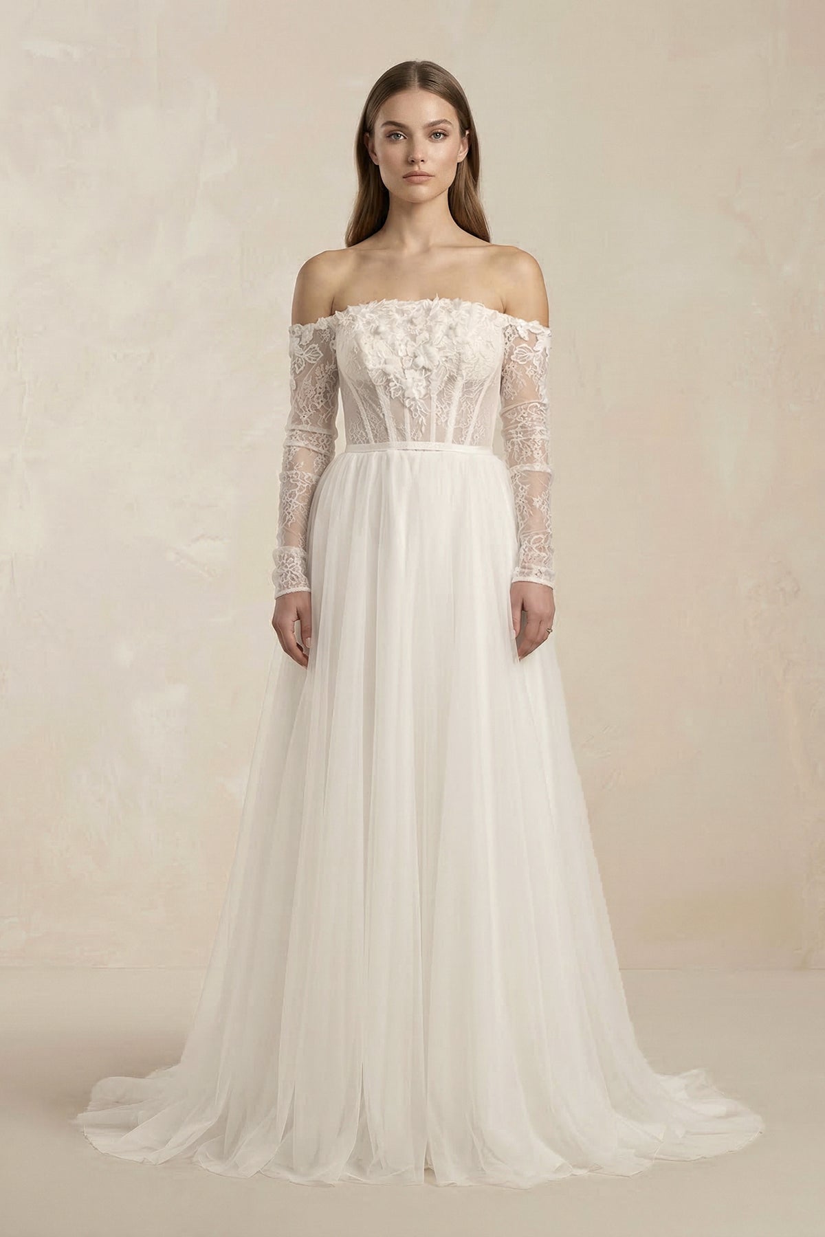 Robe de mariée blanche trapèze en tulle à épaules dénudées manches longues - Harana