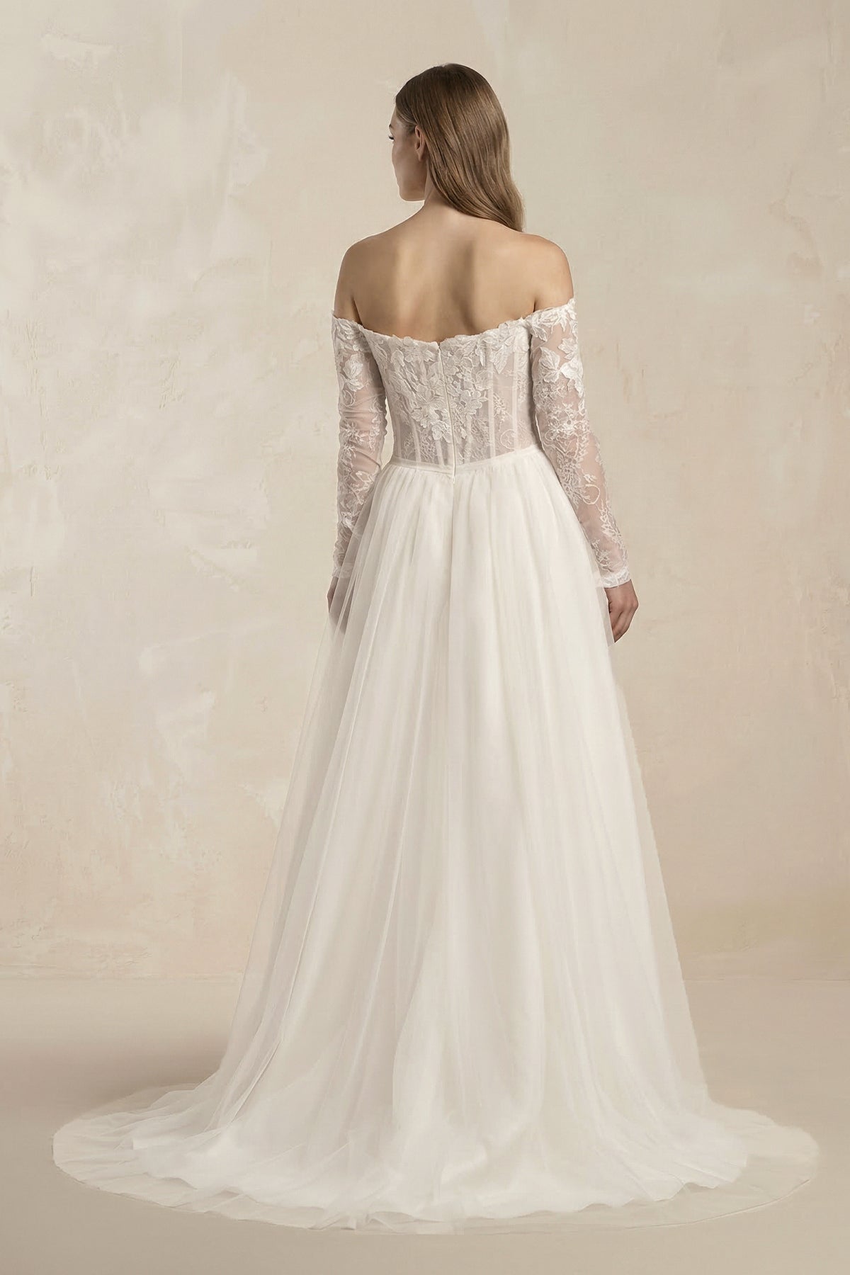 Robe de mariée blanche trapèze en tulle à épaules dénudées manches longues - Harana