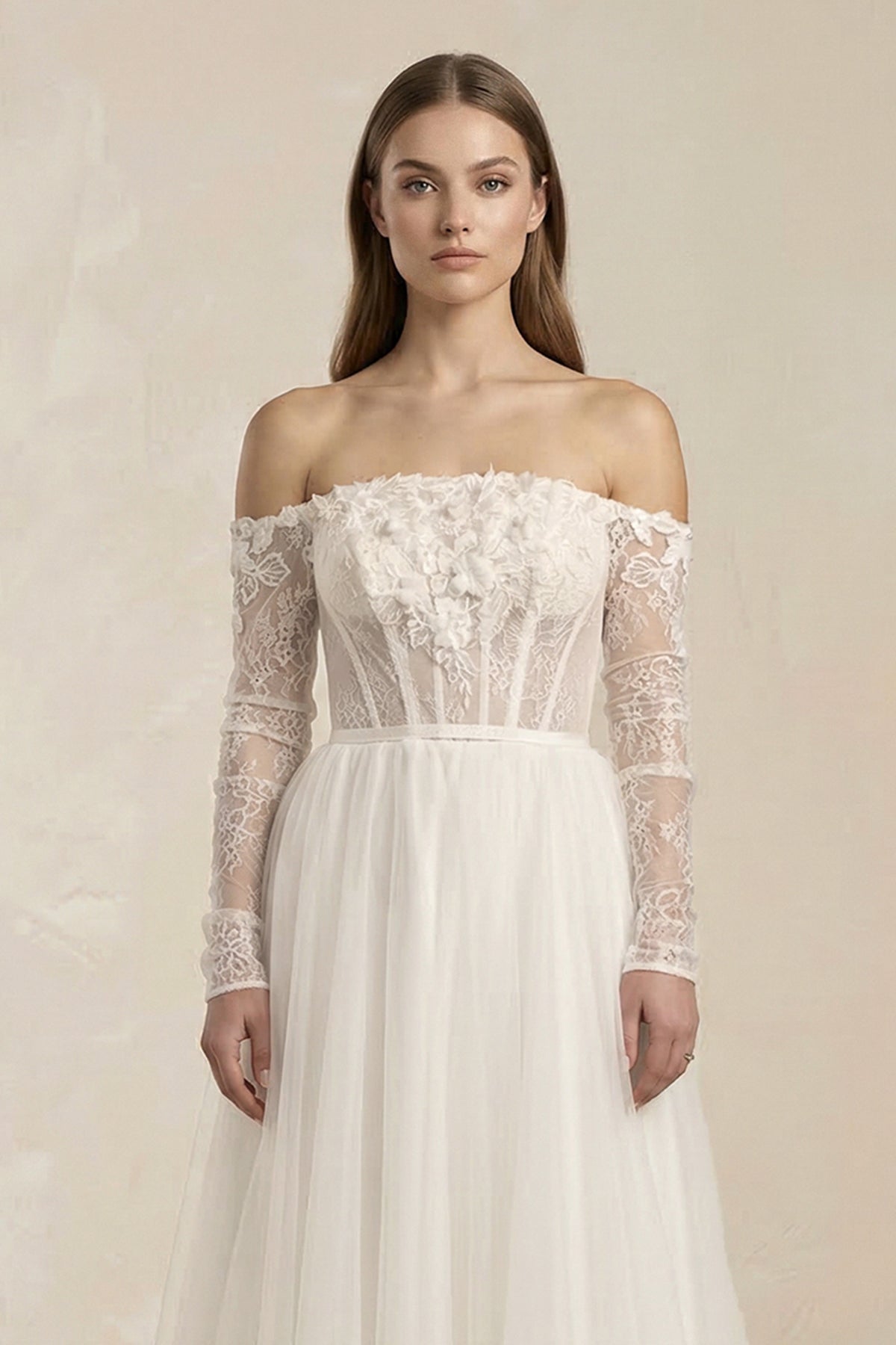 Robe de mariée blanche trapèze en tulle à épaules dénudées manches longues - Harana
