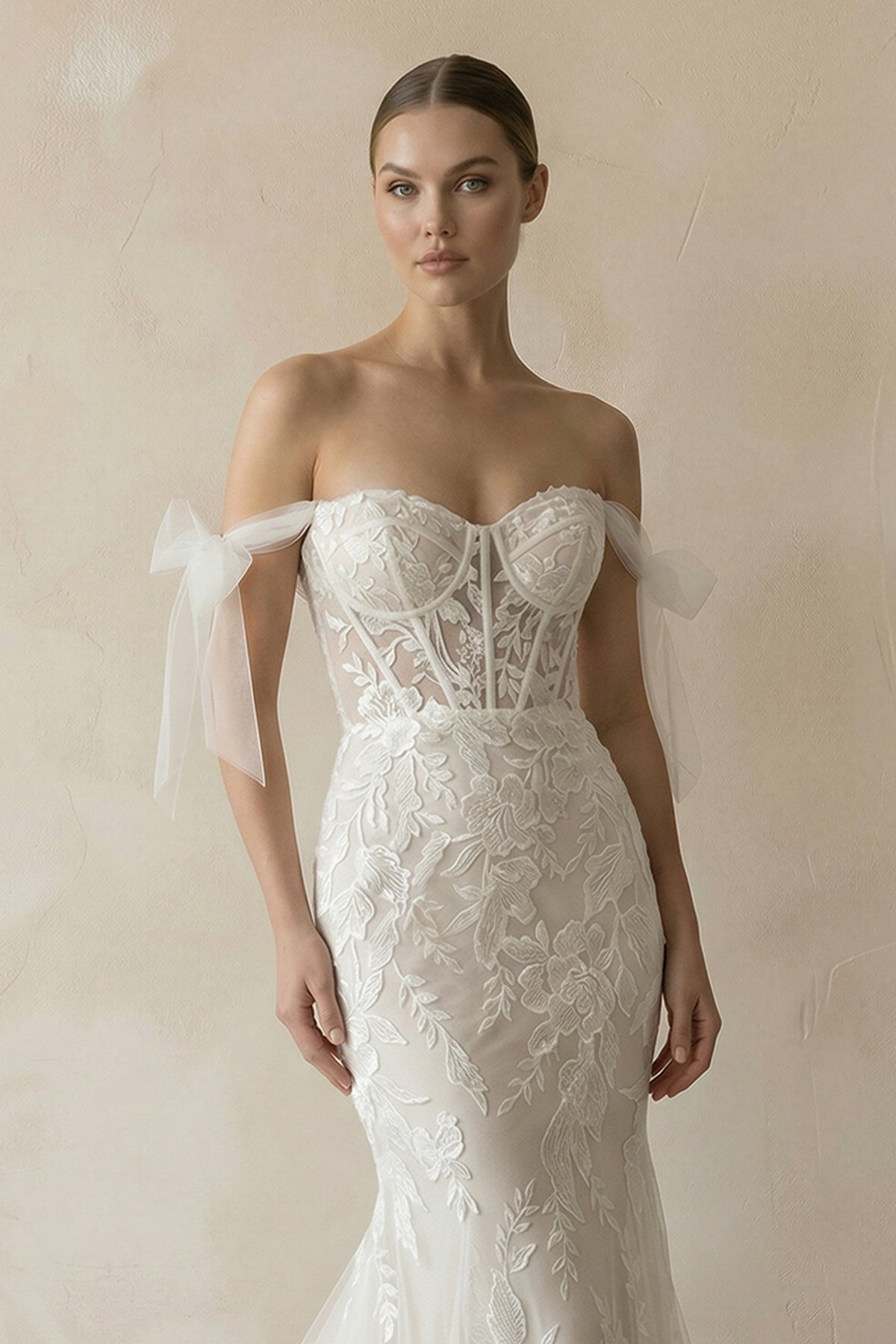 Robe de mariée ivoire sirène en tulle à épaules dénudées à corset - Harana