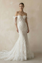 Robe de mariée ivoire sirène en tulle à épaules dénudées à corset - Harana