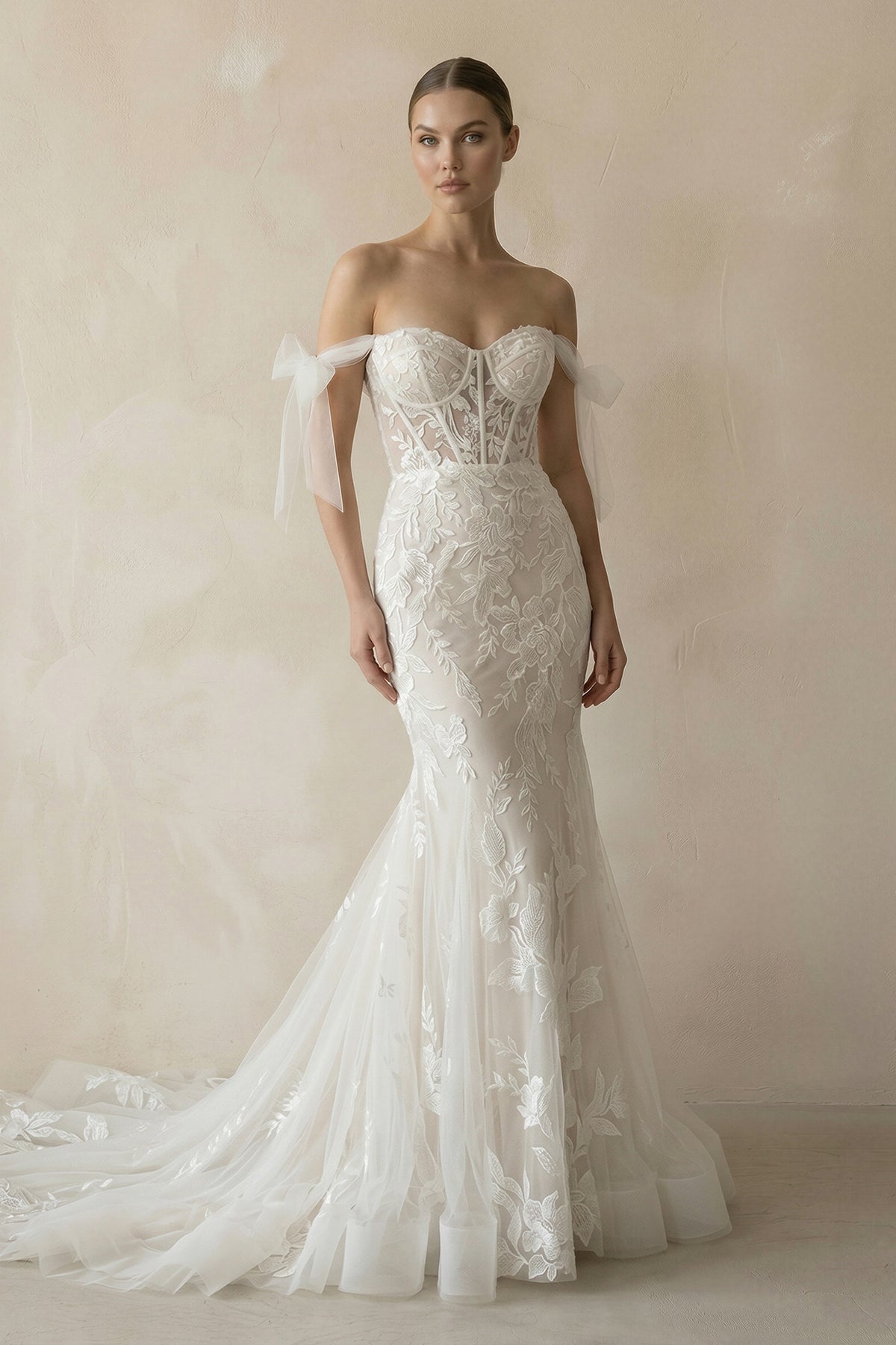 Robe de mariée ivoire sirène en tulle à épaules dénudées à corset - Harana