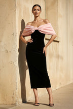 Robe midi black & pink en velours à épaules dénudées avec nœud - Harana