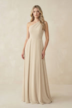 Robe demoiselle d’honneur champagne longue asymétrique sans manches froncée - Harana