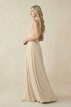 Robe demoiselle d’honneur champagne longue asymétrique sans manches froncée - Harana