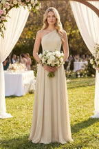 Robe demoiselle d’honneur champagne longue asymétrique sans manches froncée - Harana