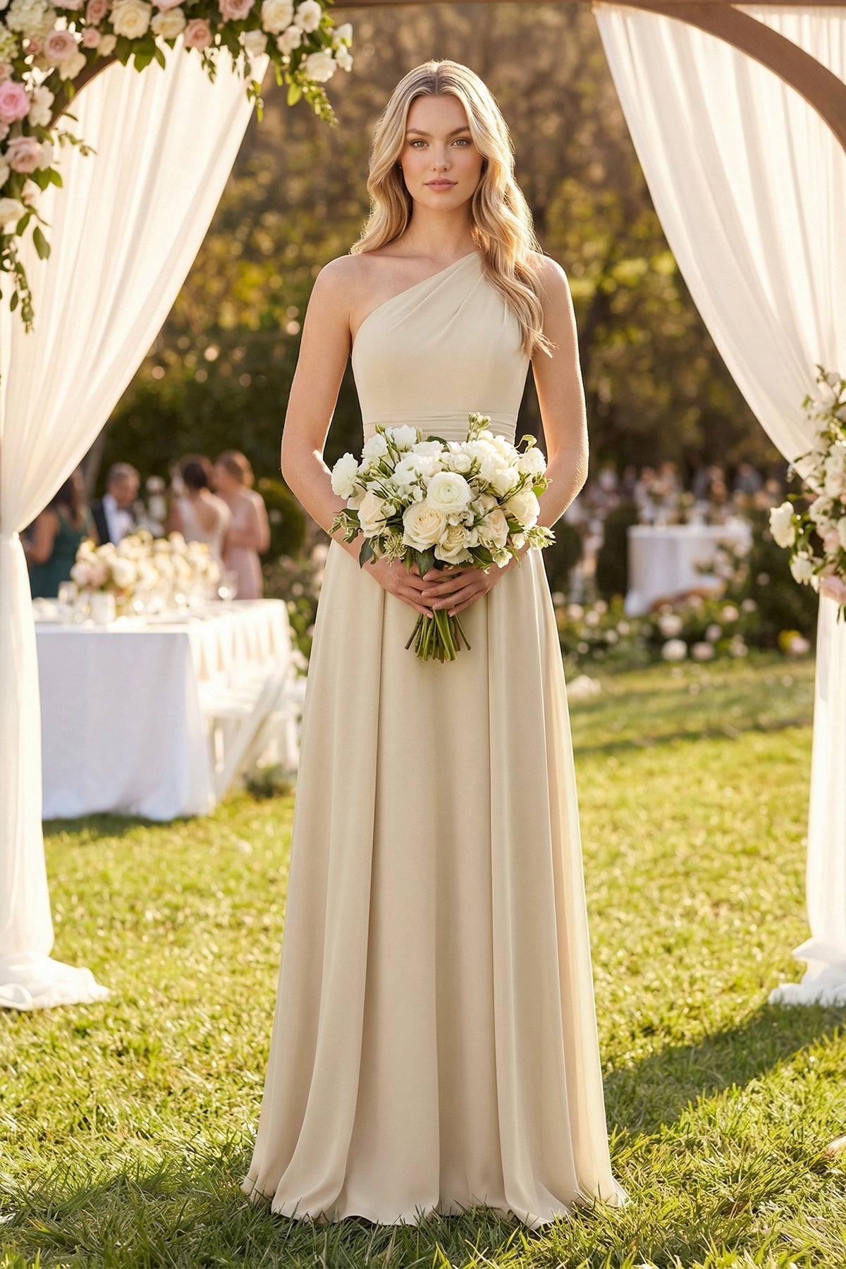 Robe demoiselle d’honneur champagne longue asymétrique sans manches froncée - Harana