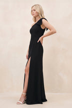 Robe noire longue en mousseline coupe trapèze à une épaule - Harana