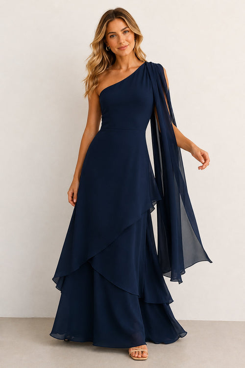 Robe bleu marine longue en mousseline coupe trapèze à une épaule ornée de volants - Harana