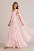 Robe rose longue en mousseline coupe trapèze à une épaule ornée de volants - Harana
