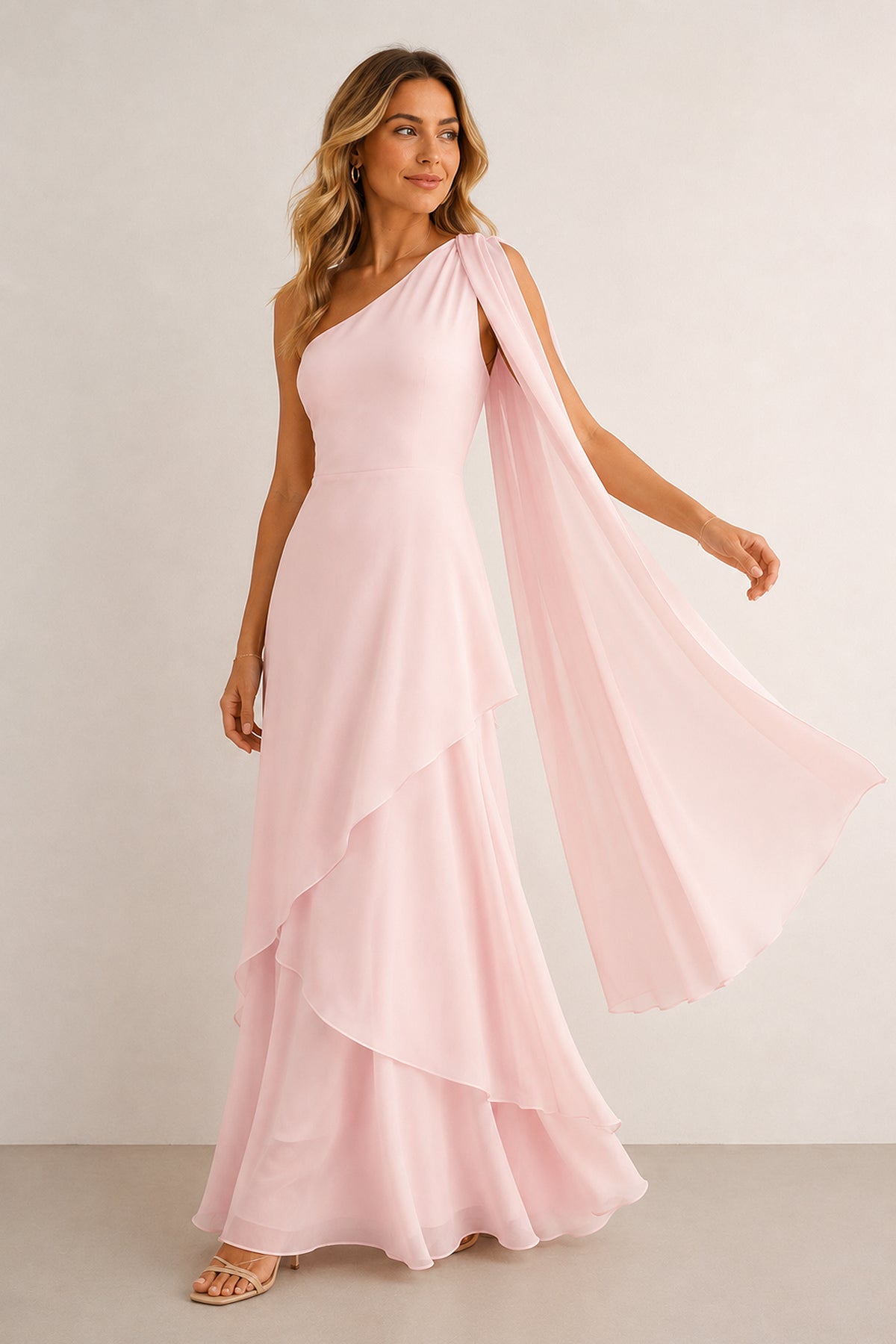 Robe rose longue en mousseline coupe trapèze à une épaule ornée de volants - Harana