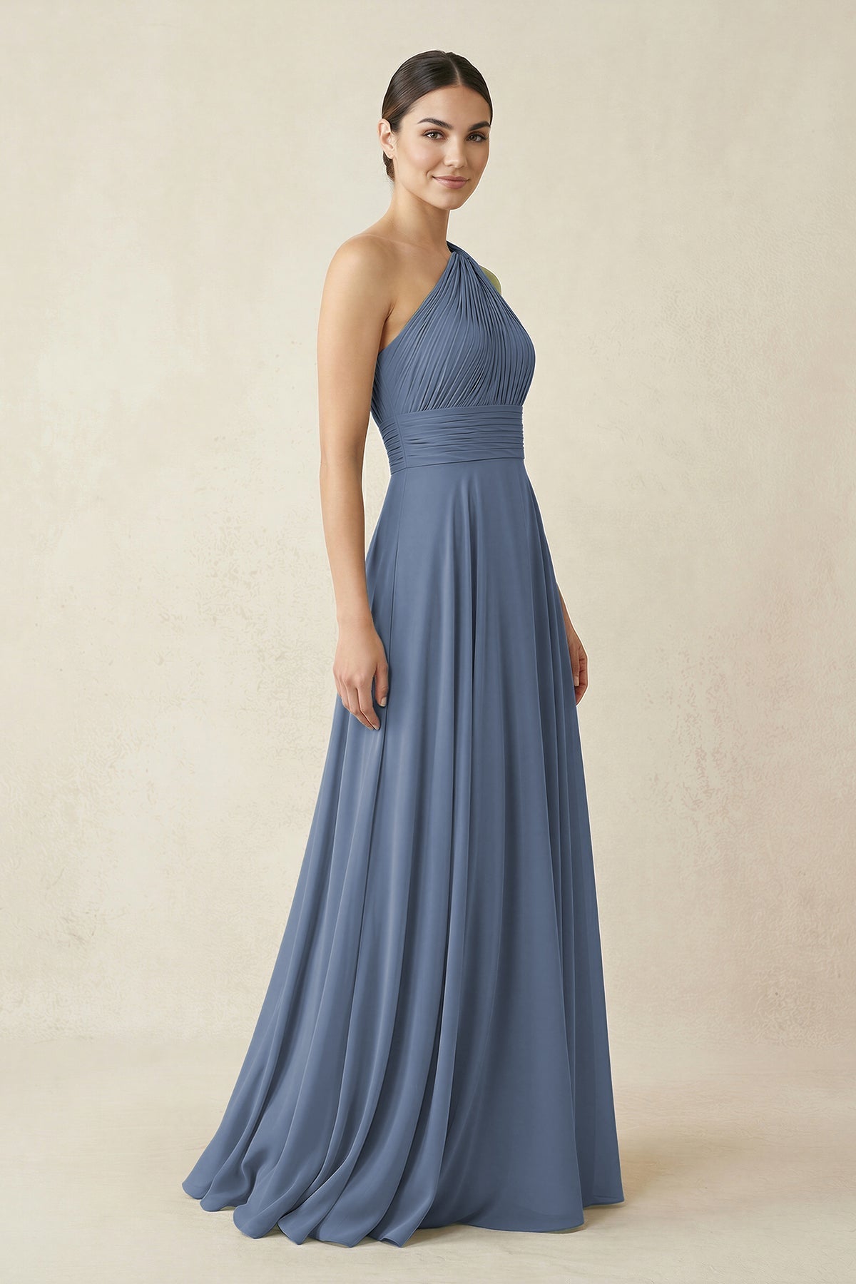 Robe demoiselle d’honneur neptune longue asymétrique sans manches plissée - Harana